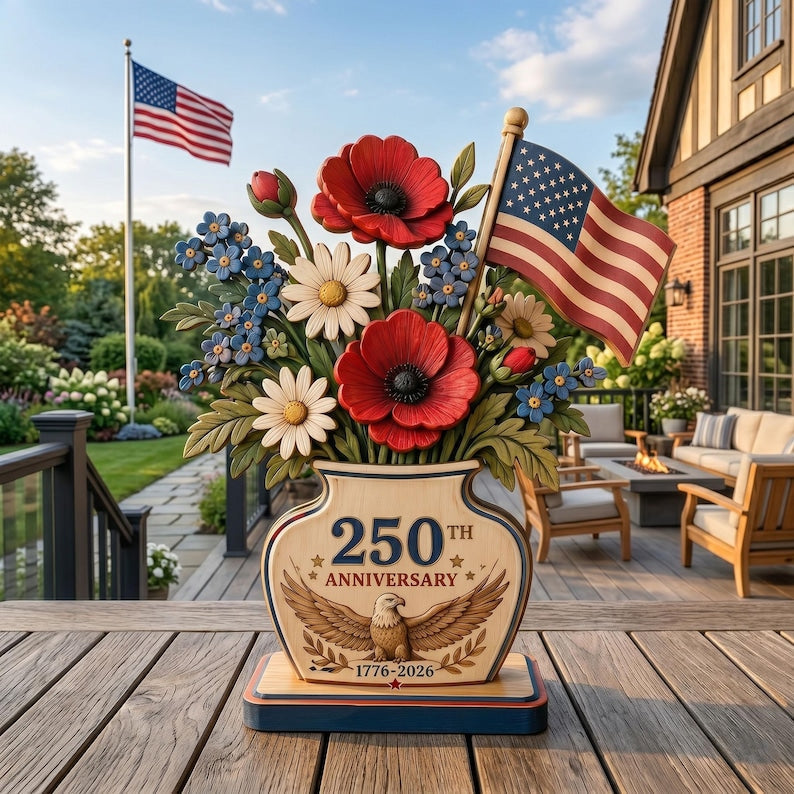 250th Anniversary Patriotic Flower Wooden Block Centerpiece