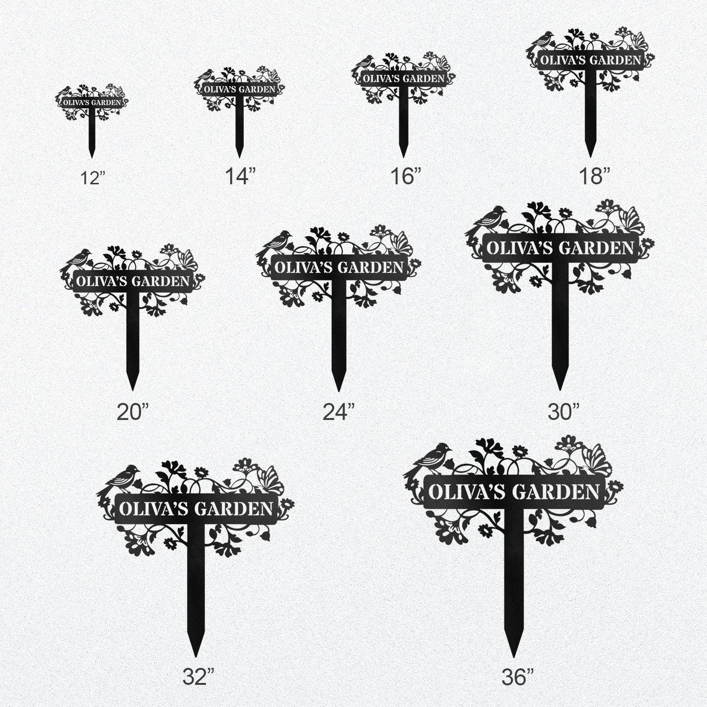 Custom Metal Garden Sign: Bird & Flower Design, Personalized Name Sign