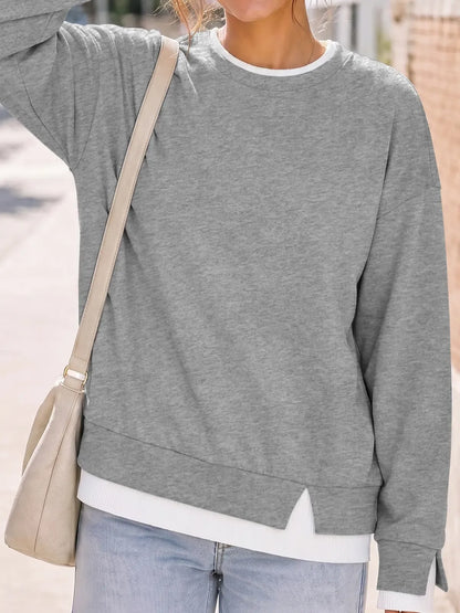 Discount: 1 Week Remaining - Women Crew Neck Fake Two Piece Striped Patchwork Drop Shoulder Oversized Sweatshirt