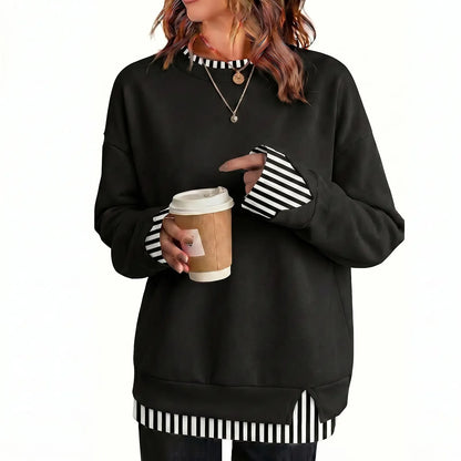 Discount: 1 Week Remaining - Women Crew Neck Fake Two Piece Striped Patchwork Drop Shoulder Oversized Sweatshirt
