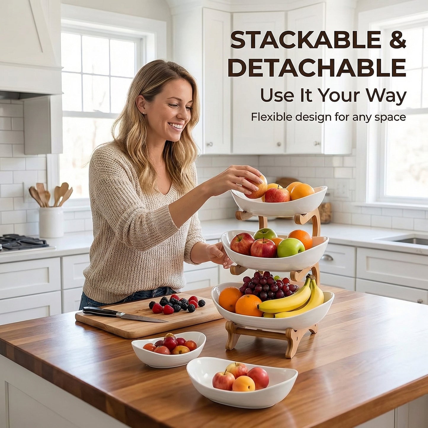 🍓2-Tier / 3-Tier Bamboo Fruit Basket with Stand – Space-Saving Countertop Organizer