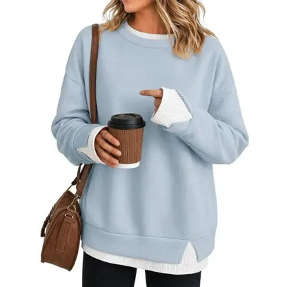 Discount: 1 Week Remaining - Women Crew Neck Fake Two Piece Striped Patchwork Drop Shoulder Oversized Sweatshirt