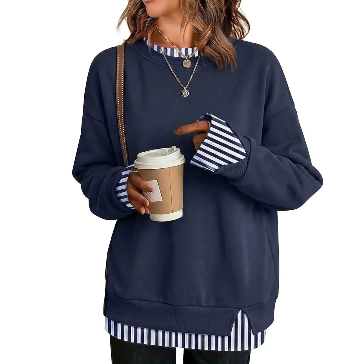 Discount: 1 Week Remaining - Women Crew Neck Fake Two Piece Striped Patchwork Drop Shoulder Oversized Sweatshirt