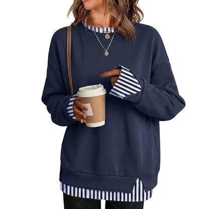 Discount: 1 Week Remaining - Women Crew Neck Fake Two Piece Striped Patchwork Drop Shoulder Oversized Sweatshirt