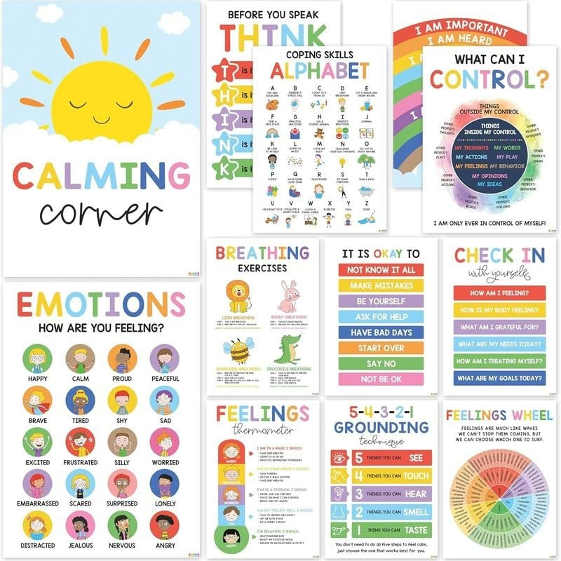 🎁Last Day 49% OFF🔥12 Calming Corner Classroom Posters - Feelings Wheel Chart & Emotions Poster For Kids