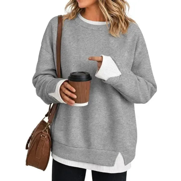 Discount: 1 Week Remaining - Women Crew Neck Fake Two Piece Striped Patchwork Drop Shoulder Oversized Sweatshirt
