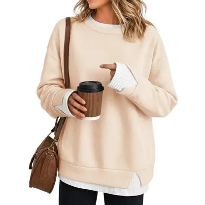 Discount: 1 Week Remaining - Women Crew Neck Fake Two Piece Striped Patchwork Drop Shoulder Oversized Sweatshirt