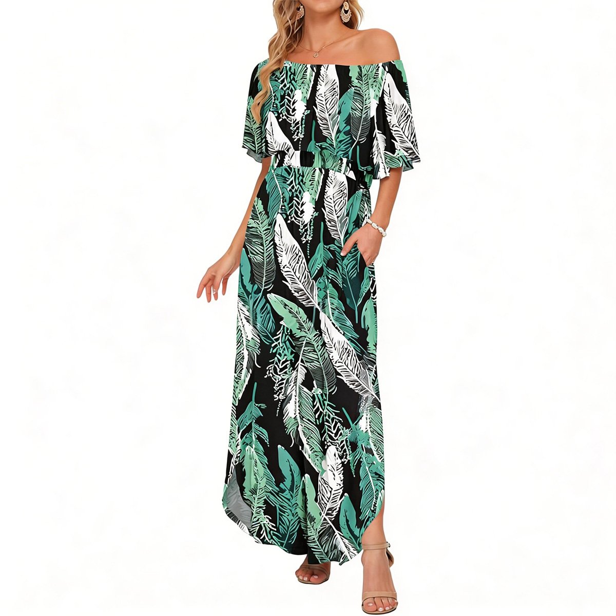 🔥LAST day 49% OFF🔥Women's Off The Shoulder Dress Wedding Guest Dress Summer Casual Long Ruffle Party Side Split Beach Maxi Dresses