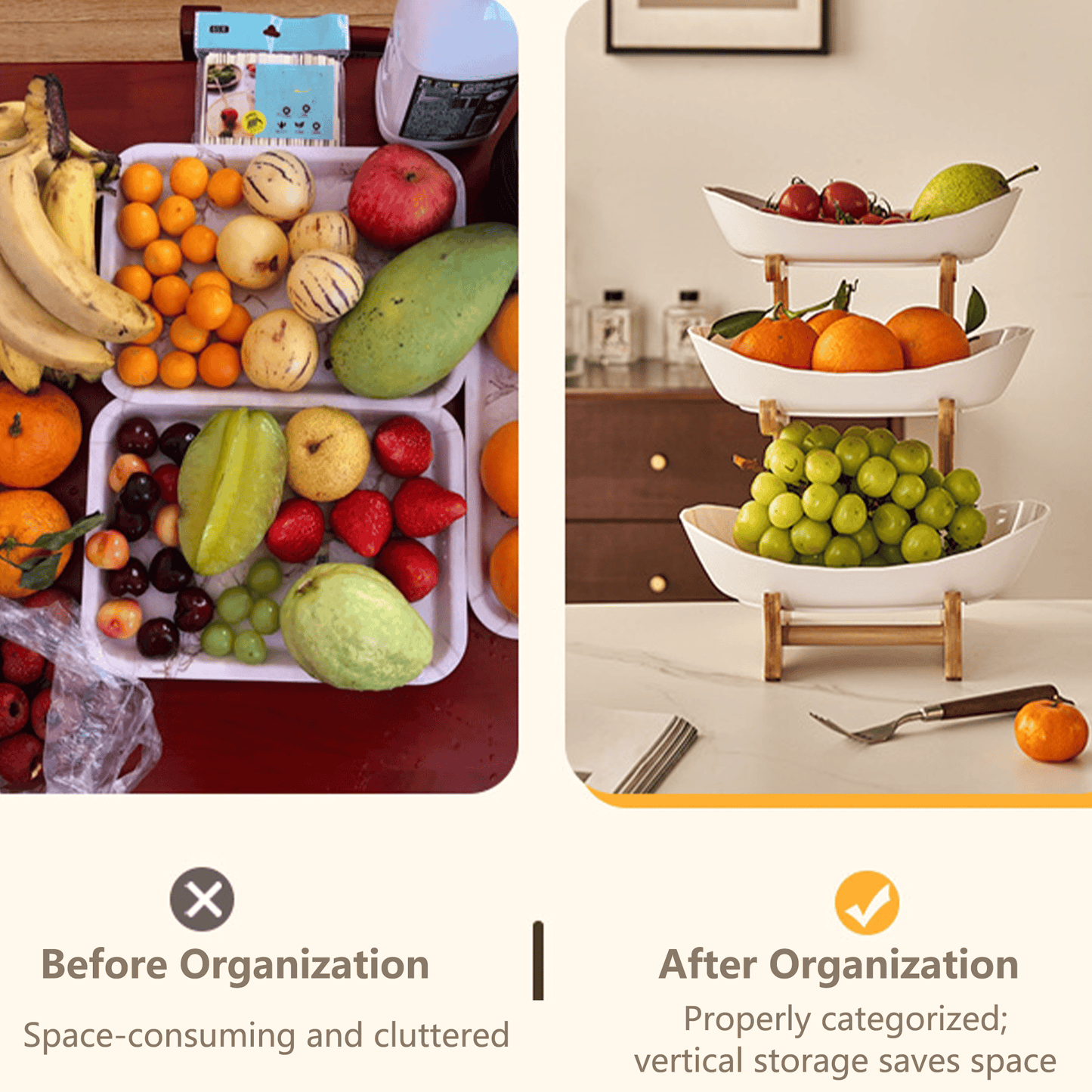 🍓2-Tier / 3-Tier Bamboo Fruit Basket with Stand – Space-Saving Countertop Organizer