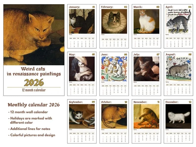 Last Day 49% OFF - 🔥Boxing Day Promotion📅Weird cats in renaissance 2026 Wall Calendar