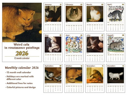 Last Day 49% OFF - 🔥Boxing Day Promotion📅Weird cats in renaissance 2026 Wall Calendar