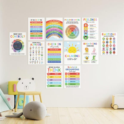 🎁Last Day 49% OFF🔥12 Calming Corner Classroom Posters - Feelings Wheel Chart & Emotions Poster For Kids