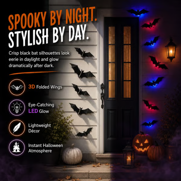 Glowing 3D LED Flying Bat Wall Decor (12–120 Pcs Set) — Instant Haunted Atmosphere