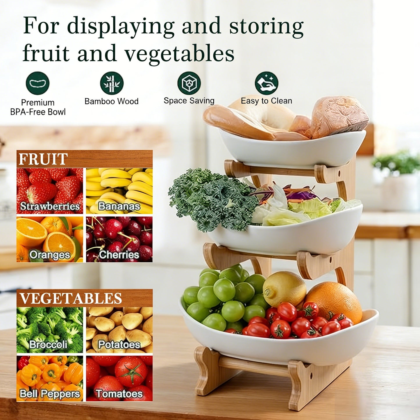 🍓2-Tier / 3-Tier Bamboo Fruit Basket with Stand – Space-Saving Countertop Organizer