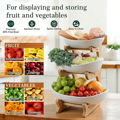 🍓2-Tier / 3-Tier Bamboo Fruit Basket with Stand – Space-Saving Countertop Organizer