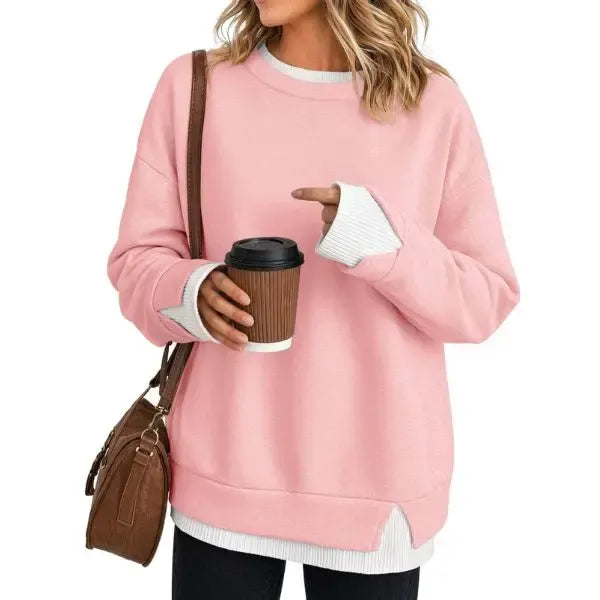 Discount: 1 Week Remaining - Women Crew Neck Fake Two Piece Striped Patchwork Drop Shoulder Oversized Sweatshirt