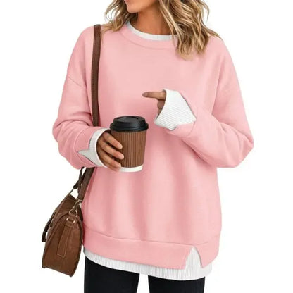 Discount: 1 Week Remaining - Women Crew Neck Fake Two Piece Striped Patchwork Drop Shoulder Oversized Sweatshirt