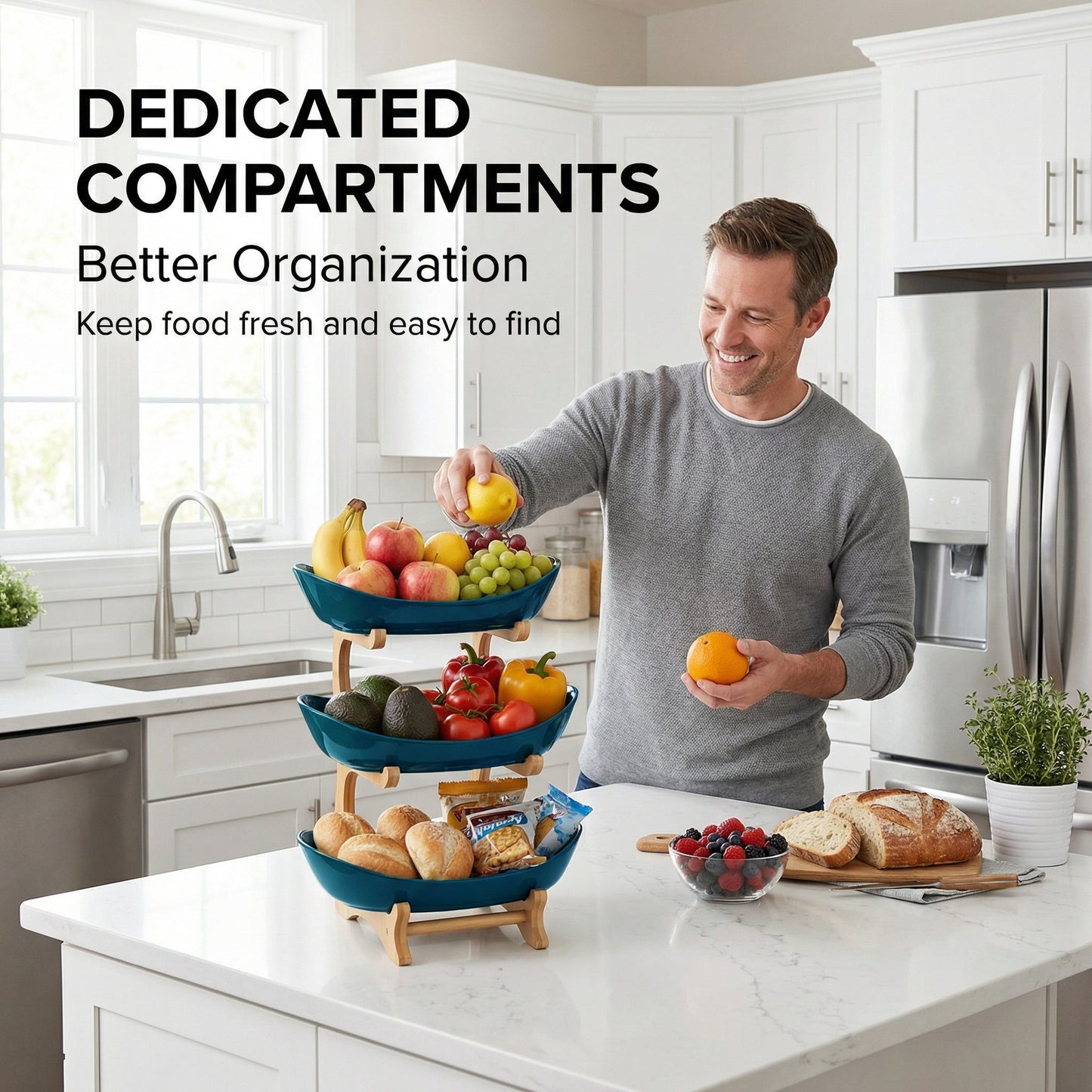 🍓2-Tier / 3-Tier Bamboo Fruit Basket with Stand – Space-Saving Countertop Organizer