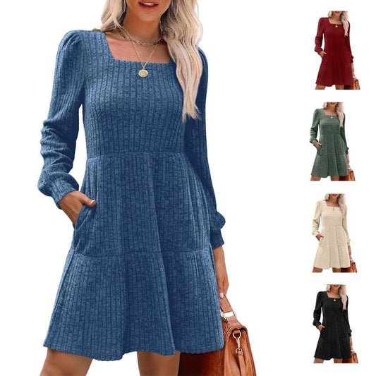 🔥Womens Square Neck Long Sleeve Fall Dresses Casual Babydoll Sweater Dress