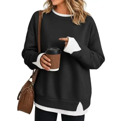 Discount: 1 Week Remaining - Women Crew Neck Fake Two Piece Striped Patchwork Drop Shoulder Oversized Sweatshirt