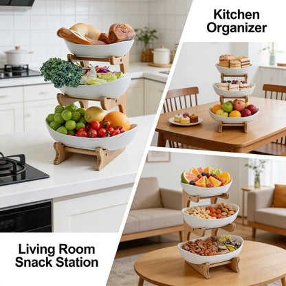 🍓2-Tier / 3-Tier Bamboo Fruit Basket with Stand – Space-Saving Countertop Organizer
