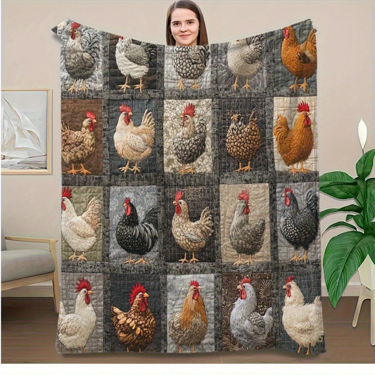 💥🌲🎁Vintage Chicken Print Flannel Blanket🐔