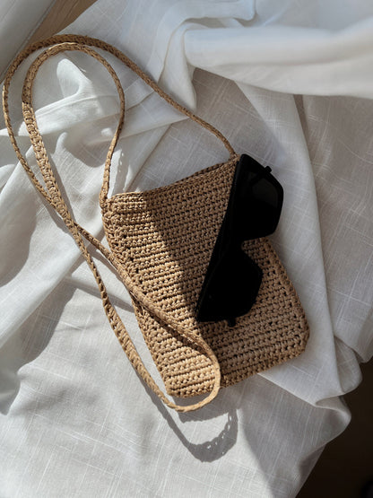 Handwoven Raffia Phone Crossbody Bag for Women, Minimalist Summer Straw Shoulder Purse with Leather Trim, Lightweight Vacation Pouch