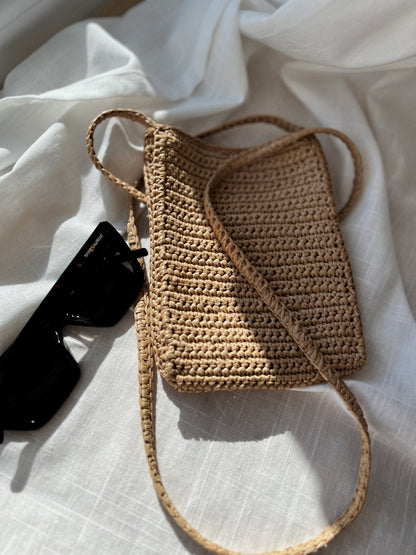 Handwoven Raffia Phone Crossbody Bag for Women, Minimalist Summer Straw Shoulder Purse with Leather Trim, Lightweight Vacation Pouch
