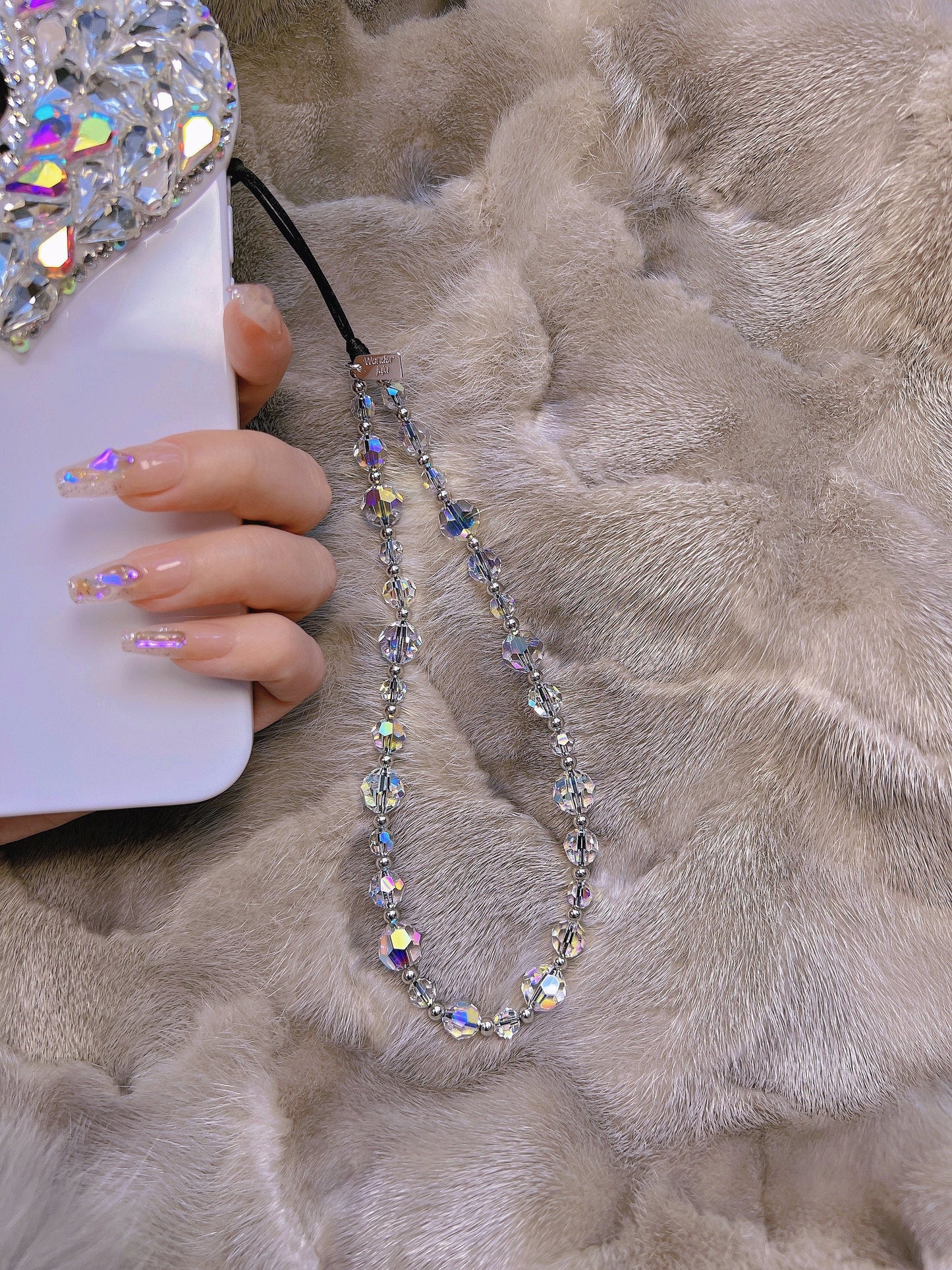 Faceted Austrian Crystal Phone Charm, Sparkly Beaded Wrist Strap Lanyard for Women, High-Shine Smartphone Accessory