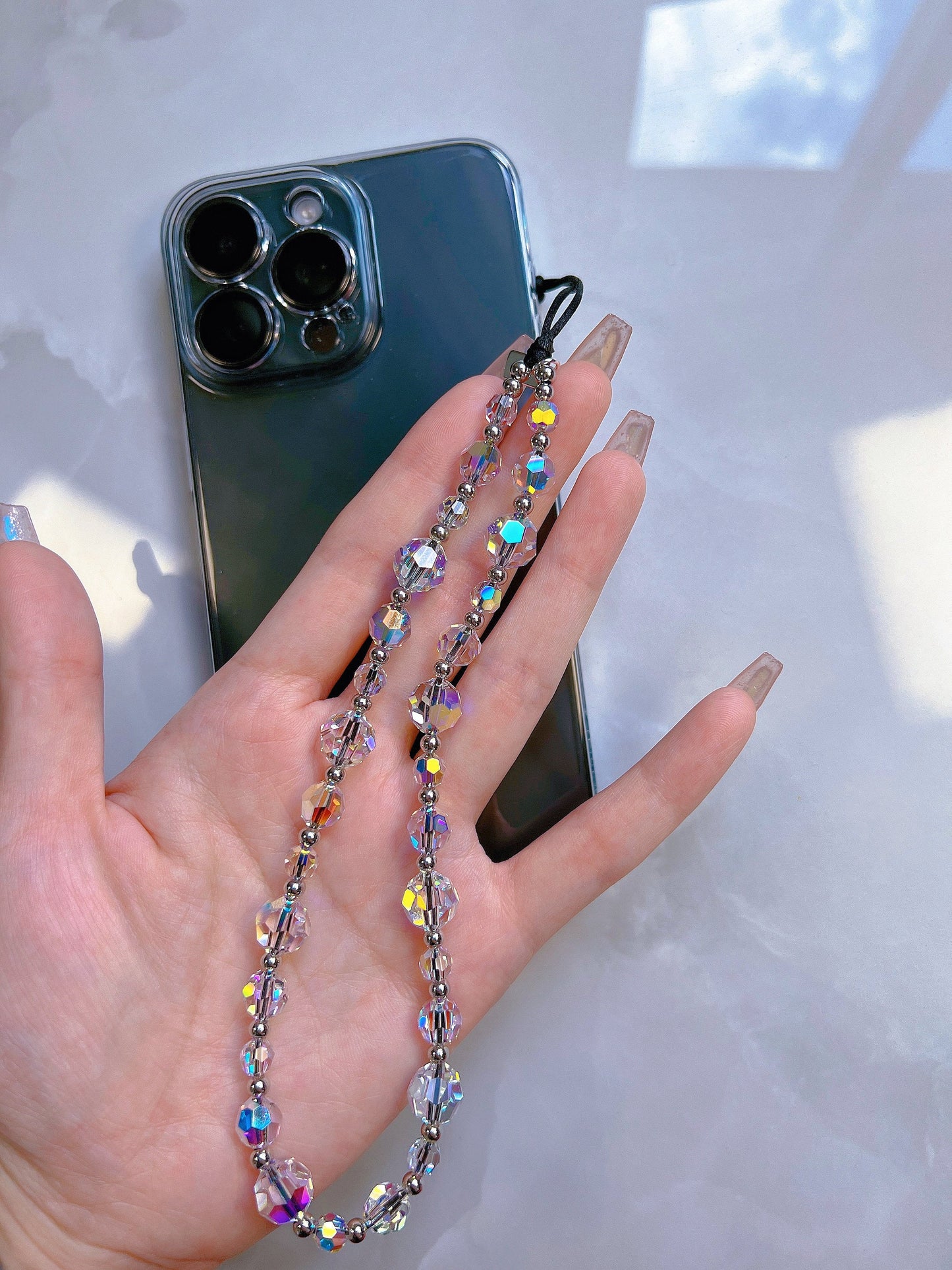 Faceted Austrian Crystal Phone Charm, Sparkly Beaded Wrist Strap Lanyard for Women, High-Shine Smartphone Accessory
