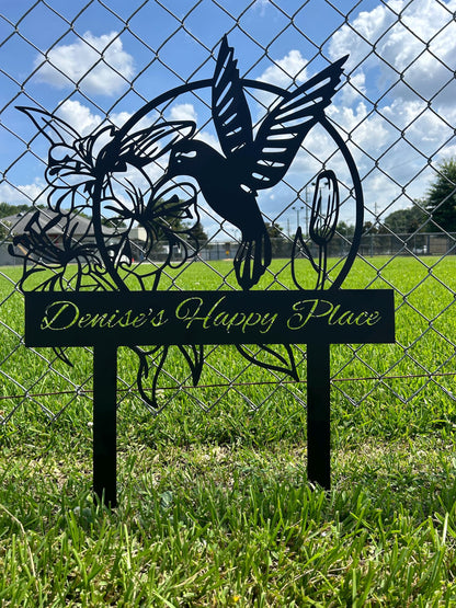 Custom Hummingbird Metal Garden Stake, Personalized Flower Design Family Name Sign, Laser-Cut Steel Outdoor Yard Decor