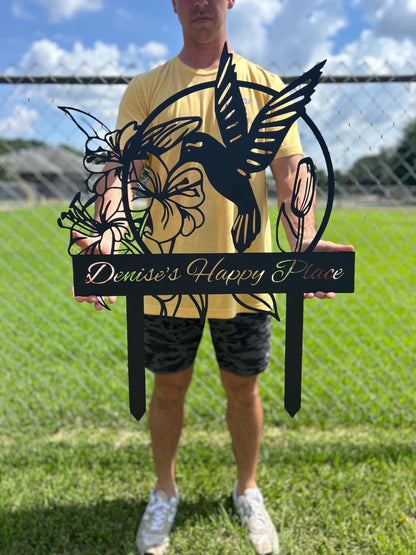 Custom Hummingbird Metal Garden Stake, Personalized Flower Design Family Name Sign, Laser-Cut Steel Outdoor Yard Decor