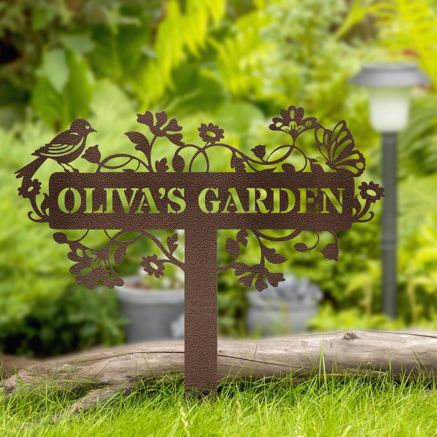 Custom Metal Garden Sign: Bird & Flower Design, Personalized Name Sign