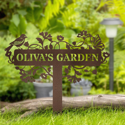 Custom Metal Garden Sign: Bird & Flower Design, Personalized Name Sign