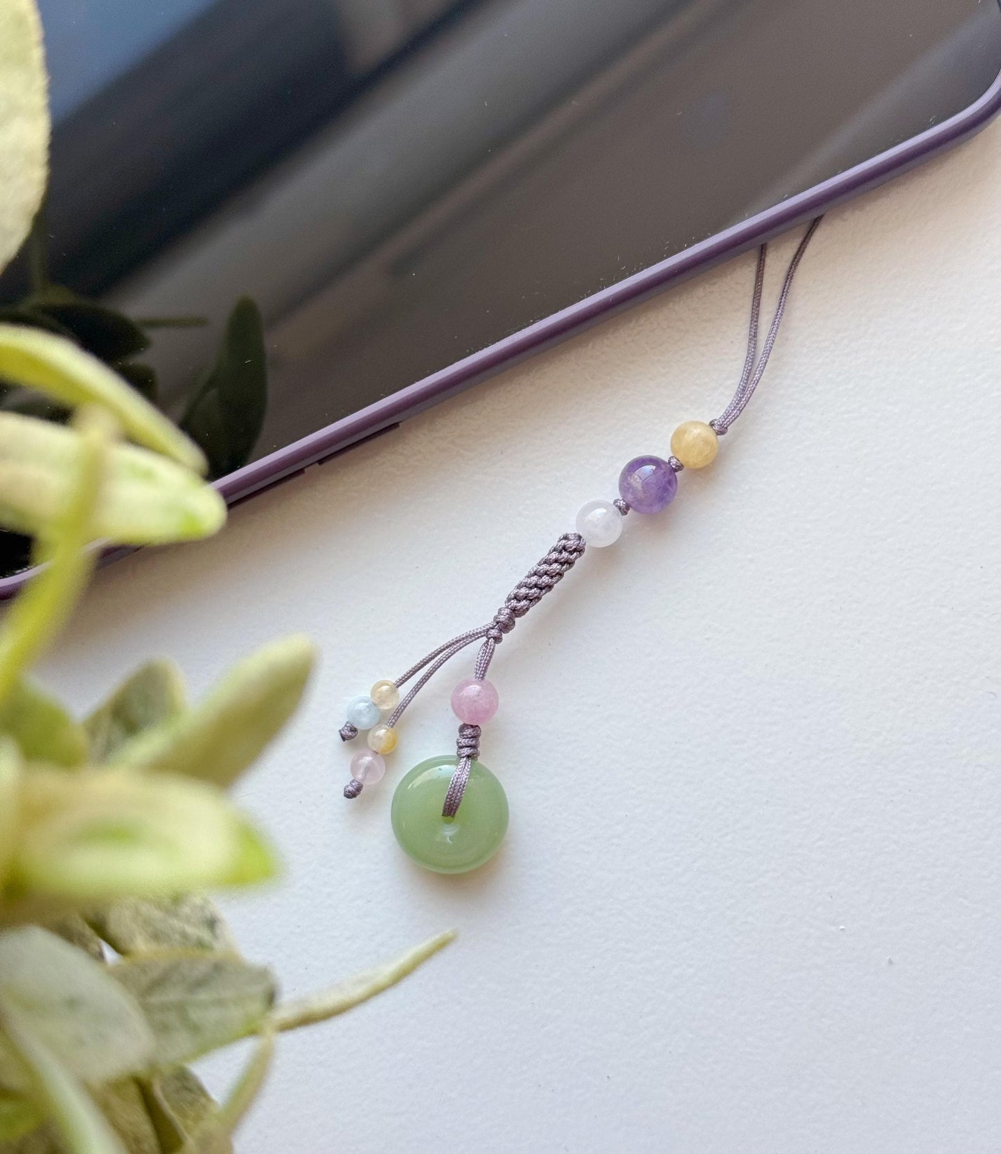 Handmade Natural Jade Peace Buckle Phone Charm, Protective Blessing Gemstone Strap, Vintage Aesthetic Phone Accessory, Unique Gift for Her