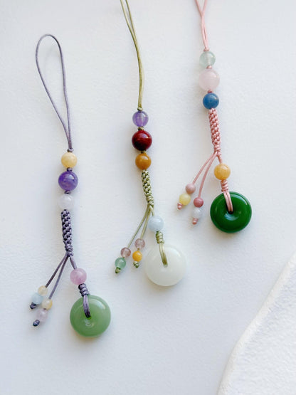 Handmade Natural Jade Peace Buckle Phone Charm, Protective Blessing Gemstone Strap, Vintage Aesthetic Phone Accessory, Unique Gift for Her