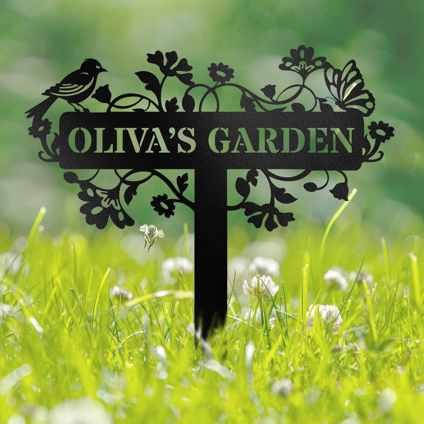 Custom Metal Garden Sign: Bird & Flower Design, Personalized Name Sign