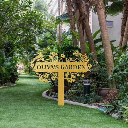 Custom Metal Garden Sign: Bird & Flower Design, Personalized Name Sign