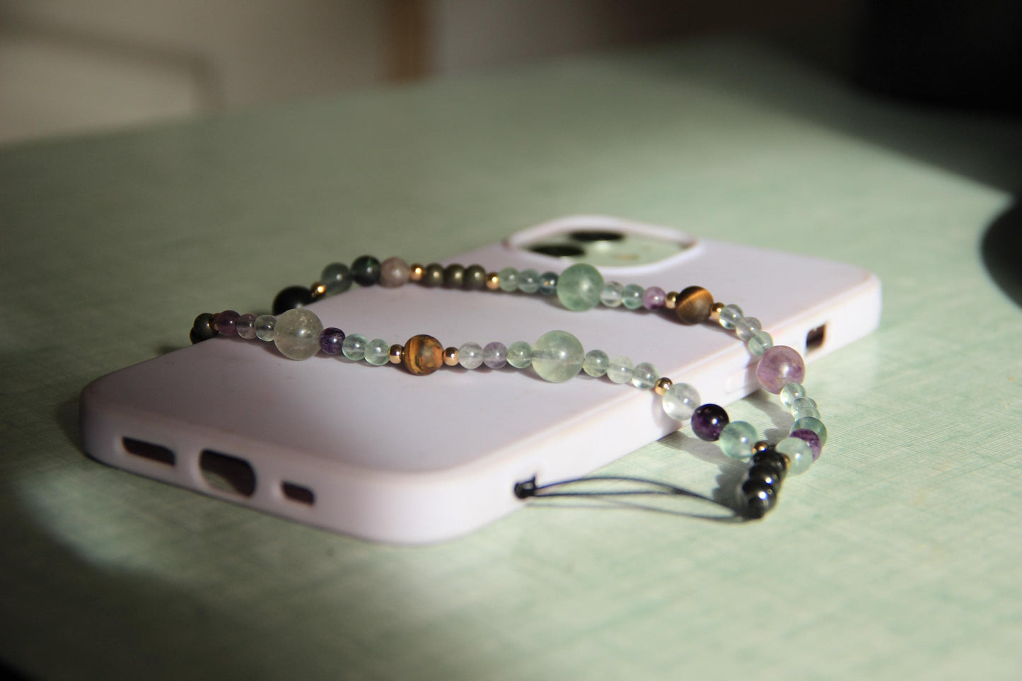 Handmade Semi-Precious Stone Phone Chain, Elegant Gemstone Wrist Strap, Beaded Aesthetic Phone Charm, Unique Healing Stone Accessory