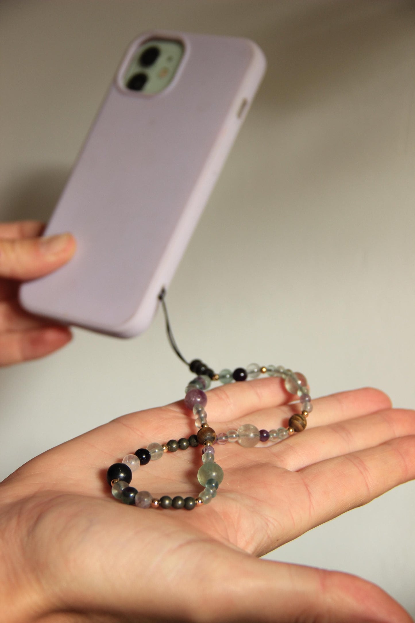Handmade Semi-Precious Stone Phone Chain, Elegant Gemstone Wrist Strap, Beaded Aesthetic Phone Charm, Unique Healing Stone Accessory