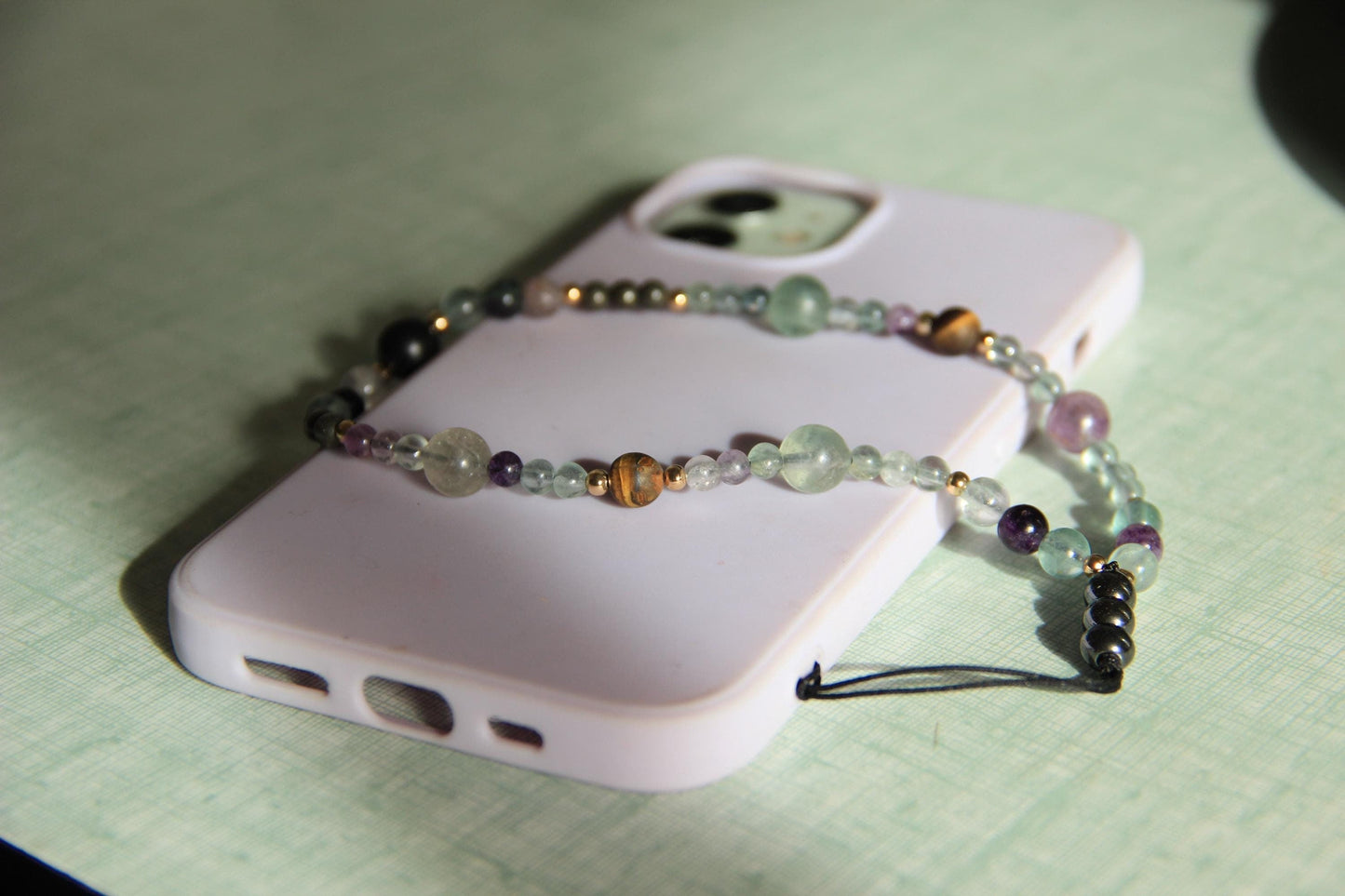 Handmade Semi-Precious Stone Phone Chain, Elegant Gemstone Wrist Strap, Beaded Aesthetic Phone Charm, Unique Healing Stone Accessory