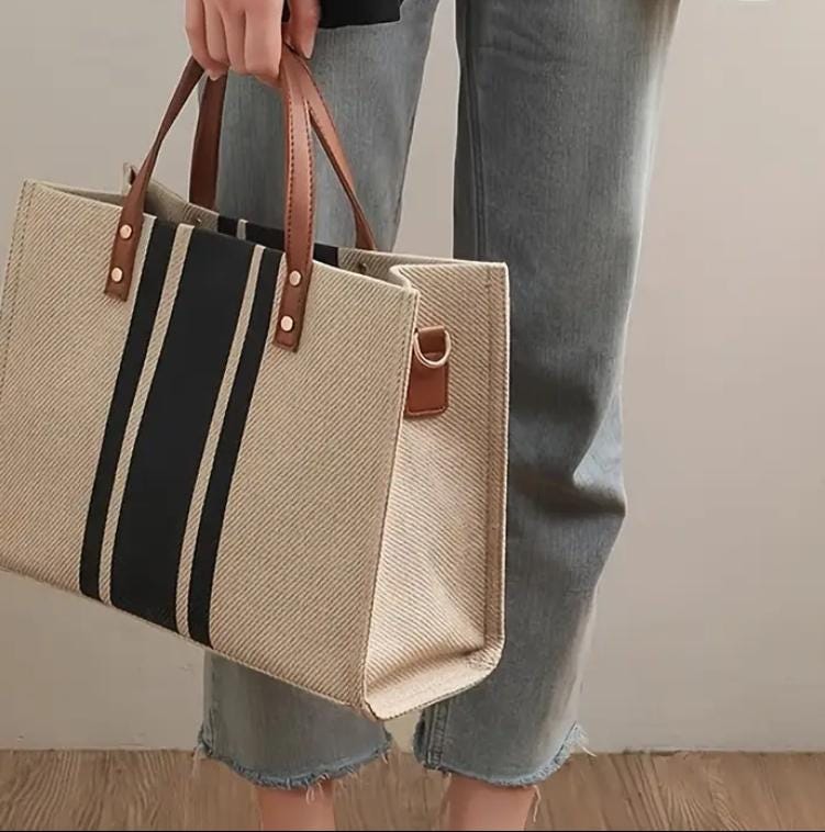 Striped Canvas Tote Bag for Women, Faux Leather Reinforced Handles, Large Boho Beach Bag and Everyday Carryall