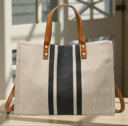 Striped Canvas Tote Bag for Women, Faux Leather Reinforced Handles, Large Boho Beach Bag and Everyday Carryall