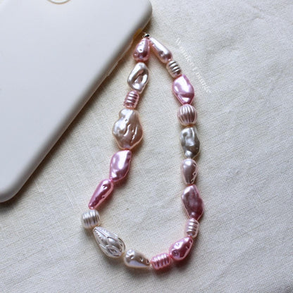 Pink Faux Pearl Phone Strap Wristlet, Chunky Beaded Phone Charm for Women, Aesthetic Pastel Smartphone Lanyard Accessory