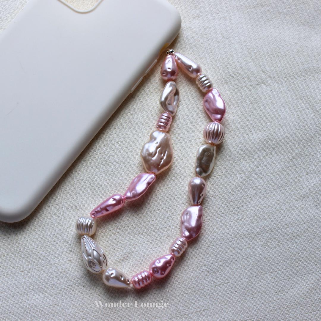 Pink Faux Pearl Phone Strap Wristlet, Chunky Beaded Phone Charm for Women, Aesthetic Pastel Smartphone Lanyard Accessory