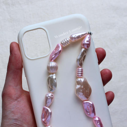 Pink Faux Pearl Phone Strap Wristlet, Chunky Beaded Phone Charm for Women, Aesthetic Pastel Smartphone Lanyard Accessory