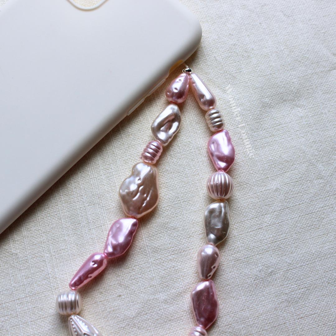 Pink Faux Pearl Phone Strap Wristlet, Chunky Beaded Phone Charm for Women, Aesthetic Pastel Smartphone Lanyard Accessory