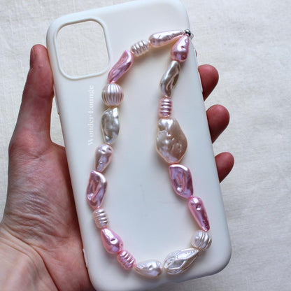 Pink Faux Pearl Phone Strap Wristlet, Chunky Beaded Phone Charm for Women, Aesthetic Pastel Smartphone Lanyard Accessory