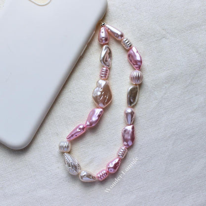 Pink Faux Pearl Phone Strap Wristlet, Chunky Beaded Phone Charm for Women, Aesthetic Pastel Smartphone Lanyard Accessory