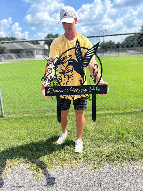 Custom Hummingbird Metal Garden Stake, Personalized Flower Design Family Name Sign, Laser-Cut Steel Outdoor Yard Decor